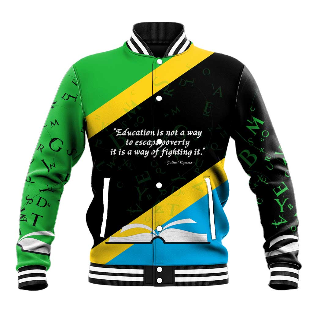 Julius Nyerere Baseball Jacket Education is a Way of Fighting Poverty Quote and Tanzanian Flag Alphabet - Wonder Print Shop