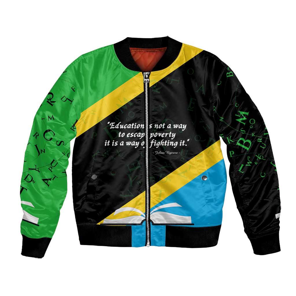 Julius Nyerere Bomber Jacket Education is a Way of Fighting Poverty Quote and Tanzanian Flag Alphabet - Wonder Print Shop