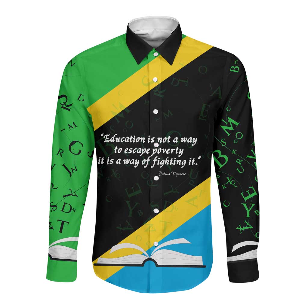 Julius Nyerere Long Sleeve Button Shirt Education is a Way of Fighting Poverty Quote and Tanzanian Flag Alphabet - Wonder Print Shop
