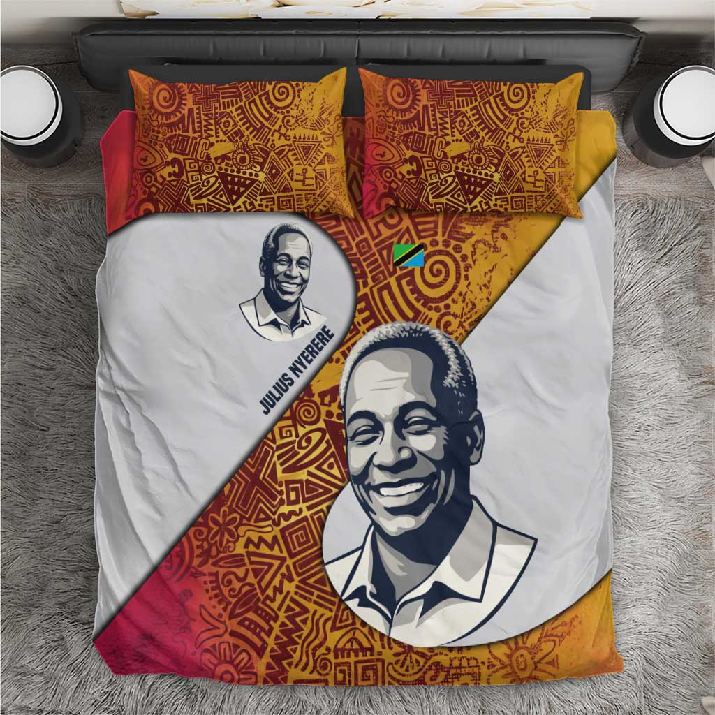 Julius Nyerere Bedding Set with Smiling Portrait, Tribal Pattern and Simplicity is Power Quote - Wonder Print Shop