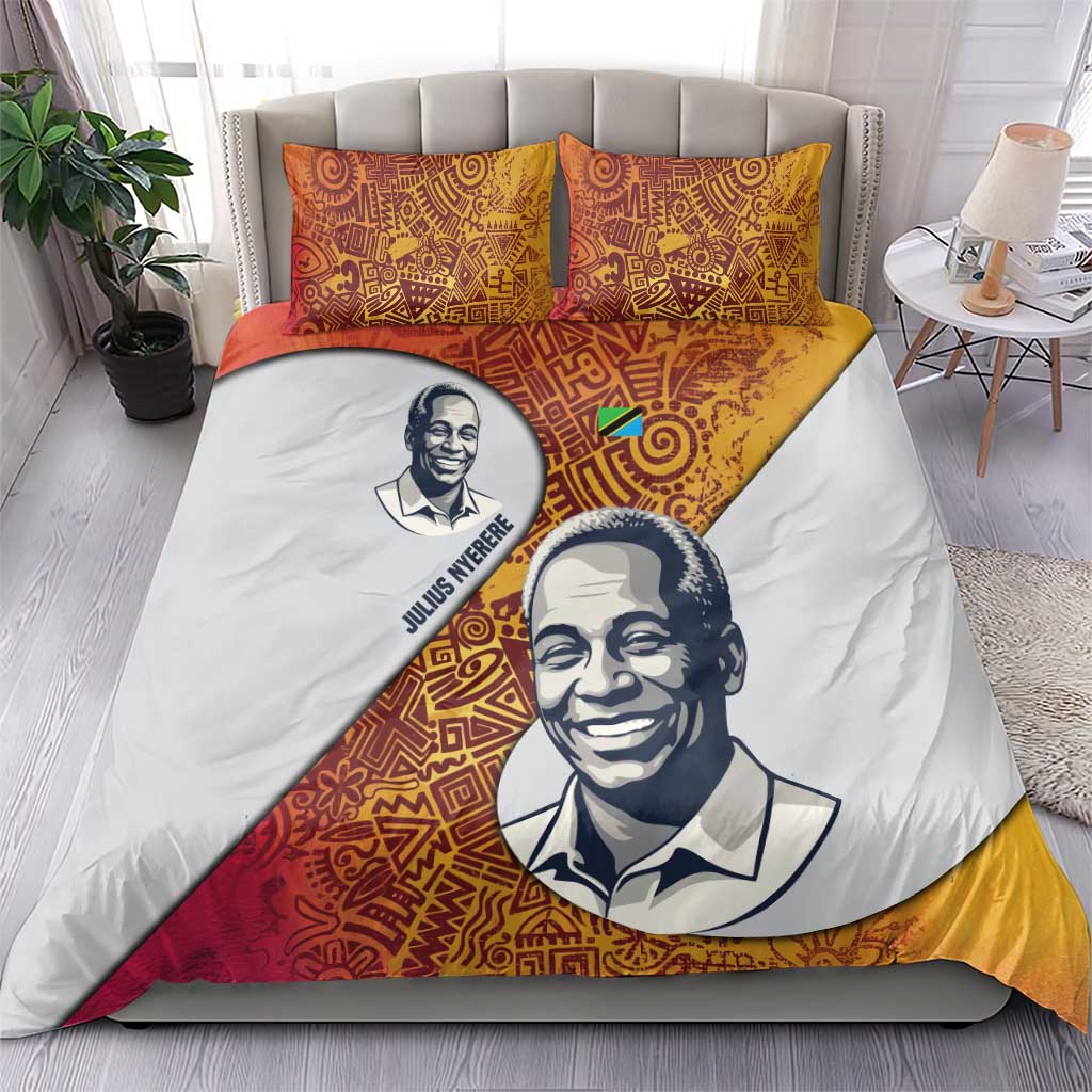 Julius Nyerere Bedding Set with Smiling Portrait, Tribal Pattern and Simplicity is Power Quote - Wonder Print Shop