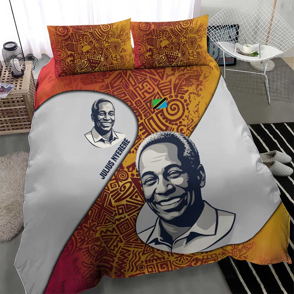 Julius Nyerere Bedding Set with Smiling Portrait, Tribal Pattern and Simplicity is Power Quote - Wonder Print Shop