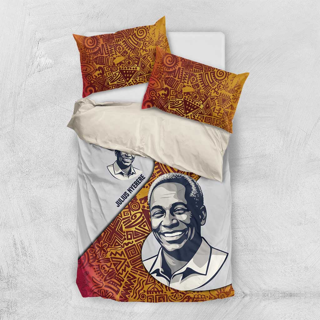 Julius Nyerere Bedding Set with Smiling Portrait, Tribal Pattern and Simplicity is Power Quote - Wonder Print Shop
