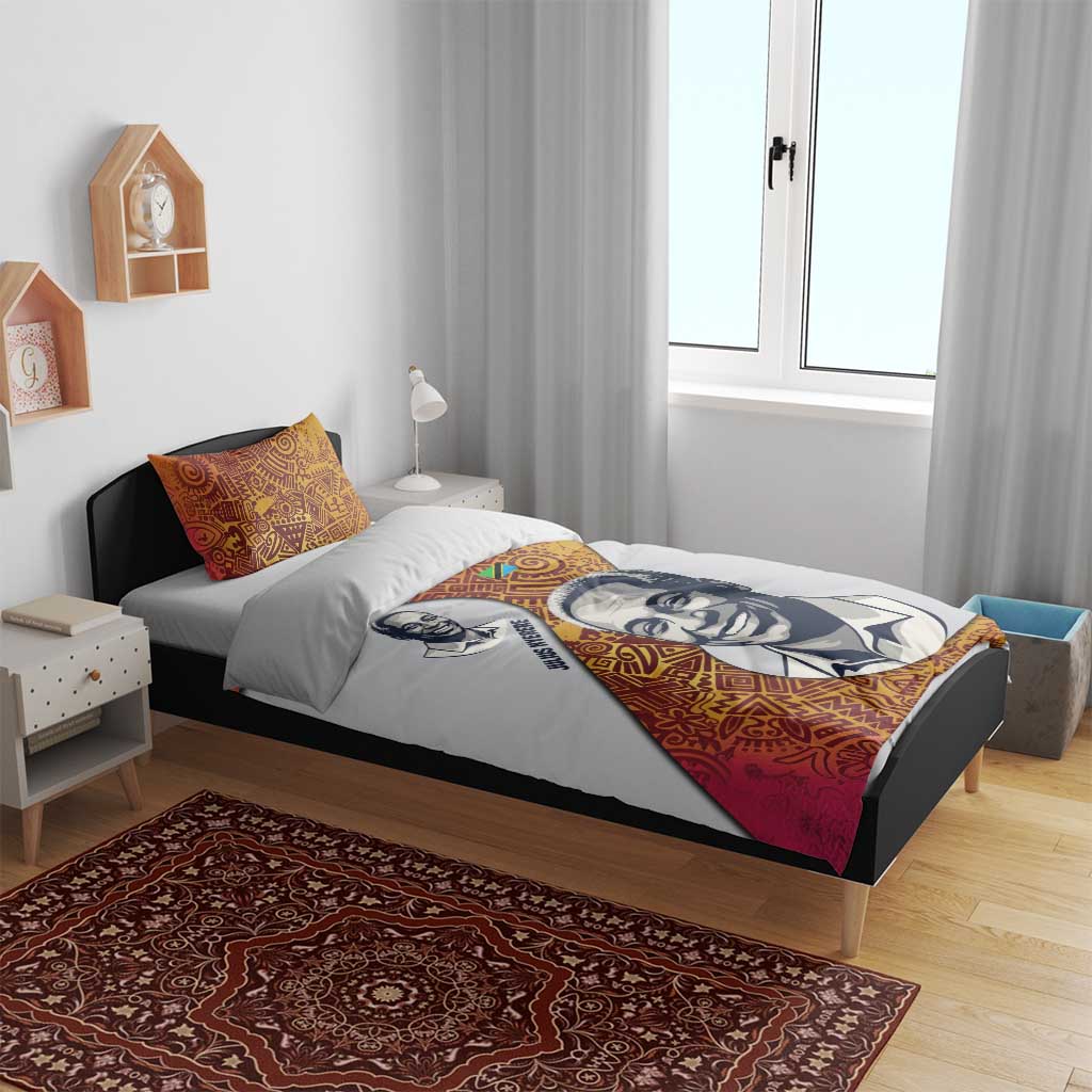 Julius Nyerere Bedding Set with Smiling Portrait, Tribal Pattern and Simplicity is Power Quote - Wonder Print Shop