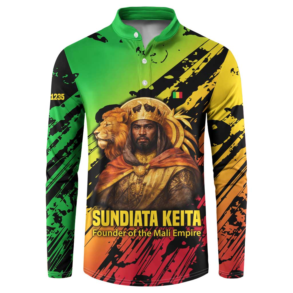 Sundiata Keita Button Sweatshirt with Regal Portrait, Lion of Mali Title and Bold Tribal Brushstroke Pattern
