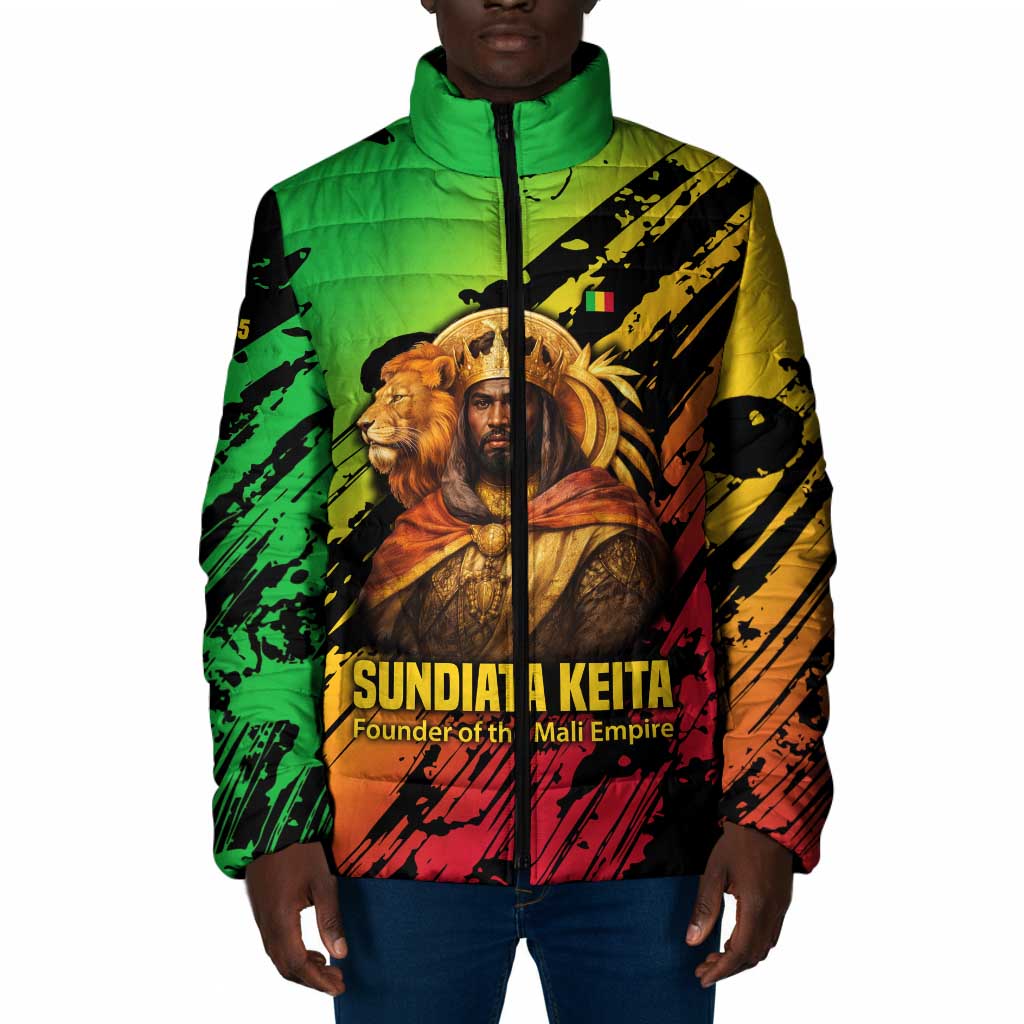 Sundiata Keita Padded Jacket with Regal Portrait, Lion of Mali Title and Bold Tribal Brushstroke Pattern - Wonder Print Shop