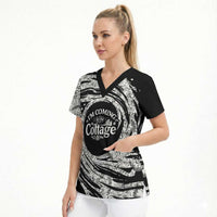 I'm Coming to the Cottage Scrub Top with Hand-Drawn Floral Pattern