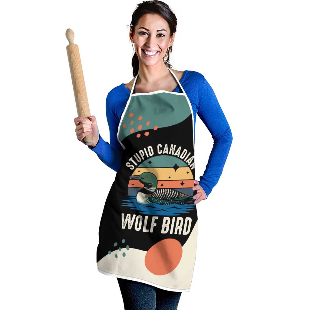 Stupid Canadian Wolf Bird Apron with Retro Sunset Stripe Pattern
