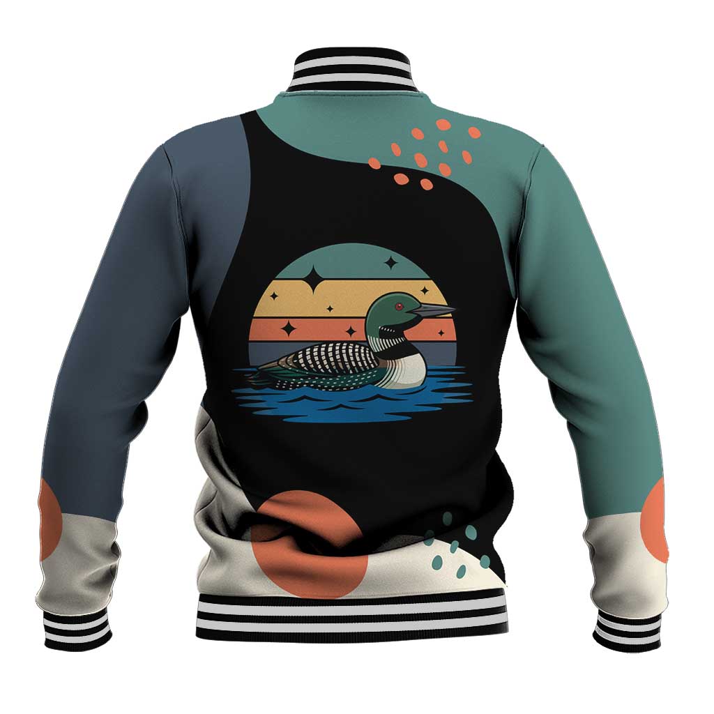 Stupid Canadian Wolf Bird Baseball Jacket with Retro Sunset Stripe Pattern