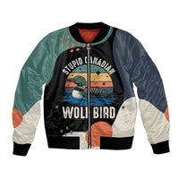 Stupid Canadian Wolf Bird Bomber Jacket with Retro Sunset Stripe Pattern