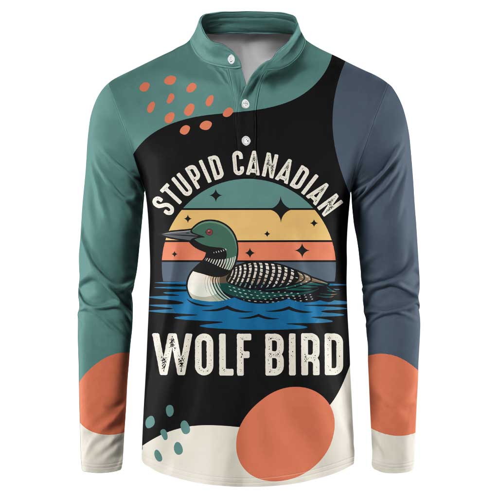 Stupid Canadian Wolf Bird Button Sweatshirt with Retro Sunset Stripe Pattern