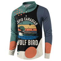Stupid Canadian Wolf Bird Button Sweatshirt with Retro Sunset Stripe Pattern