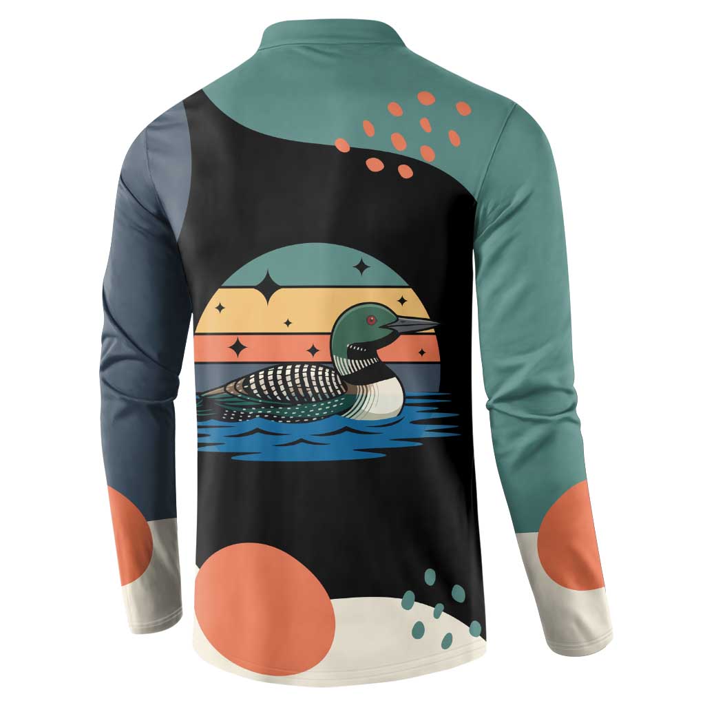 Stupid Canadian Wolf Bird Button Sweatshirt with Retro Sunset Stripe Pattern
