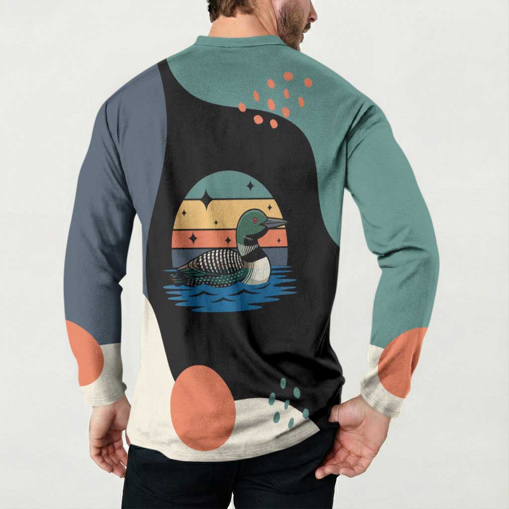 Stupid Canadian Wolf Bird Button Sweatshirt with Retro Sunset Stripe Pattern