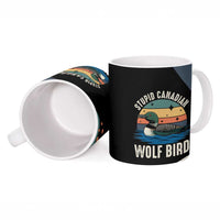 Stupid Canadian Wolf Bird Ceramic Mug with Retro Sunset Stripe Pattern