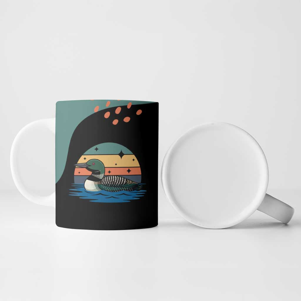 Stupid Canadian Wolf Bird Ceramic Mug with Retro Sunset Stripe Pattern
