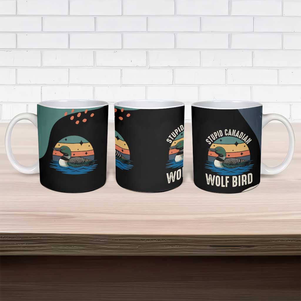 Stupid Canadian Wolf Bird Ceramic Mug with Retro Sunset Stripe Pattern