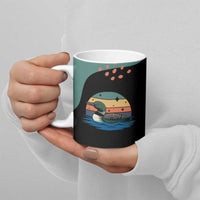 Stupid Canadian Wolf Bird Ceramic Mug with Retro Sunset Stripe Pattern