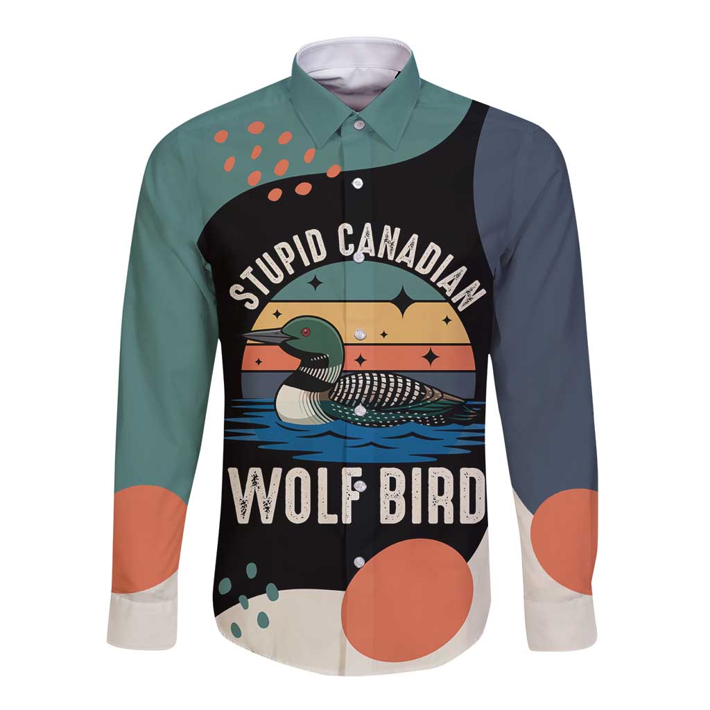 Stupid Canadian Wolf Bird Long Sleeve Button Shirt with Retro Sunset Stripe Pattern