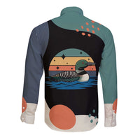 Stupid Canadian Wolf Bird Long Sleeve Button Shirt with Retro Sunset Stripe Pattern