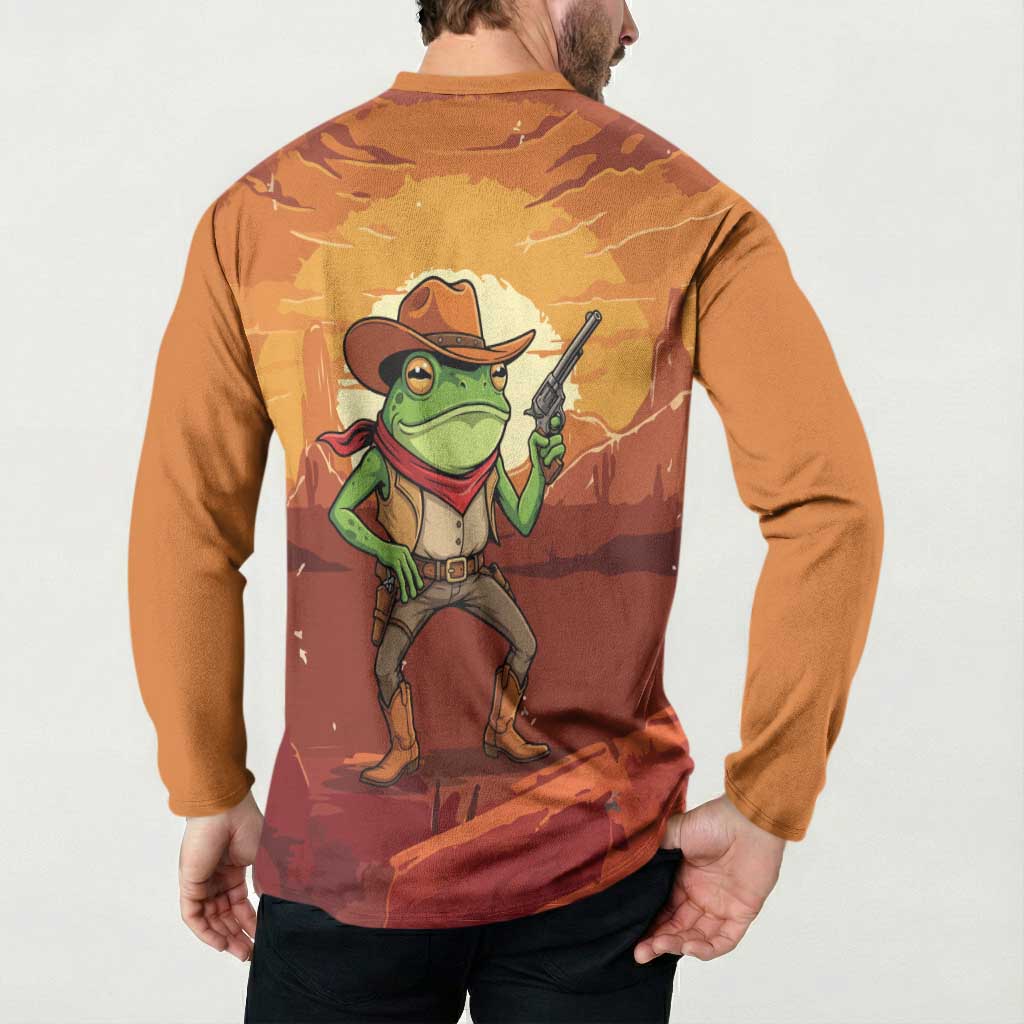 Cowboy Frog Outlaw Button Sweatshirt with Desert Sunset Silhouette Pattern