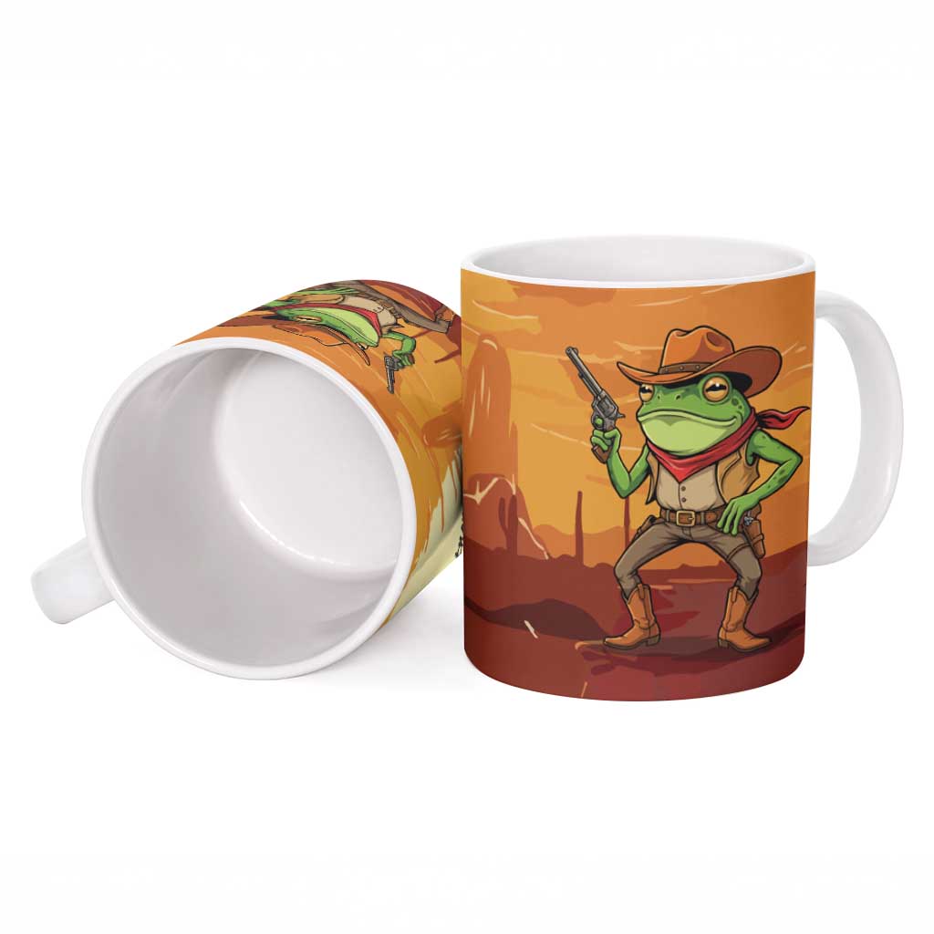 Cowboy Frog Outlaw Ceramic Mug with Desert Sunset Silhouette Pattern