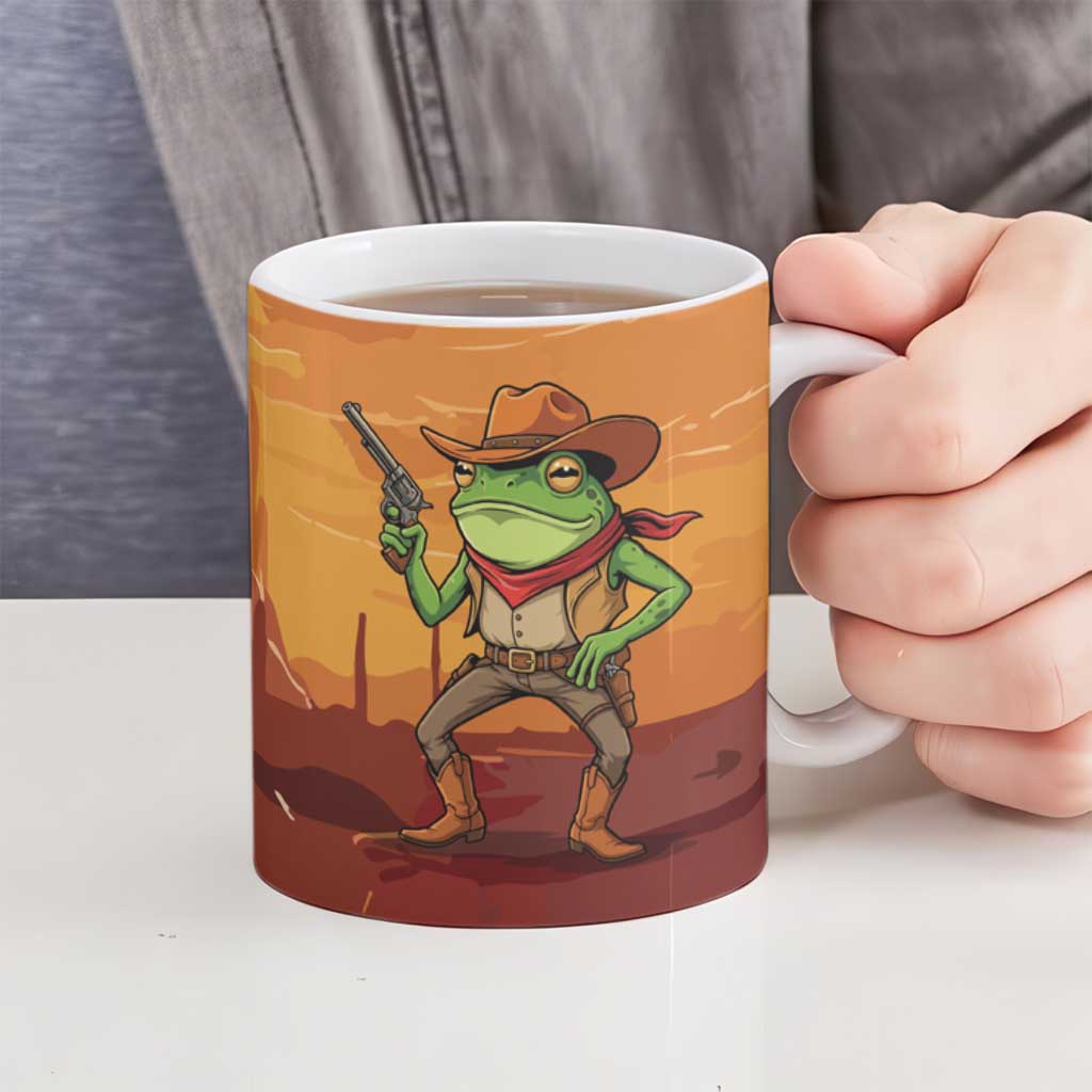 Cowboy Frog Outlaw Ceramic Mug with Desert Sunset Silhouette Pattern