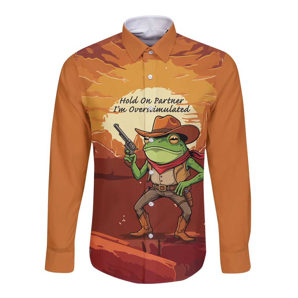 Cowboy Frog Outlaw Long Sleeve Button Shirt with Desert Sunset Silhouette Pattern