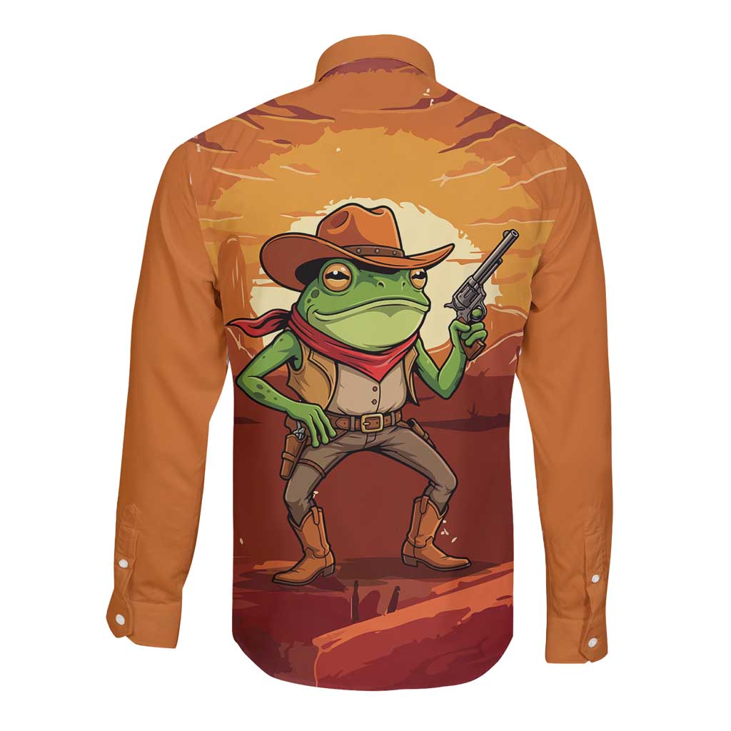 Cowboy Frog Outlaw Long Sleeve Button Shirt with Desert Sunset Silhouette Pattern