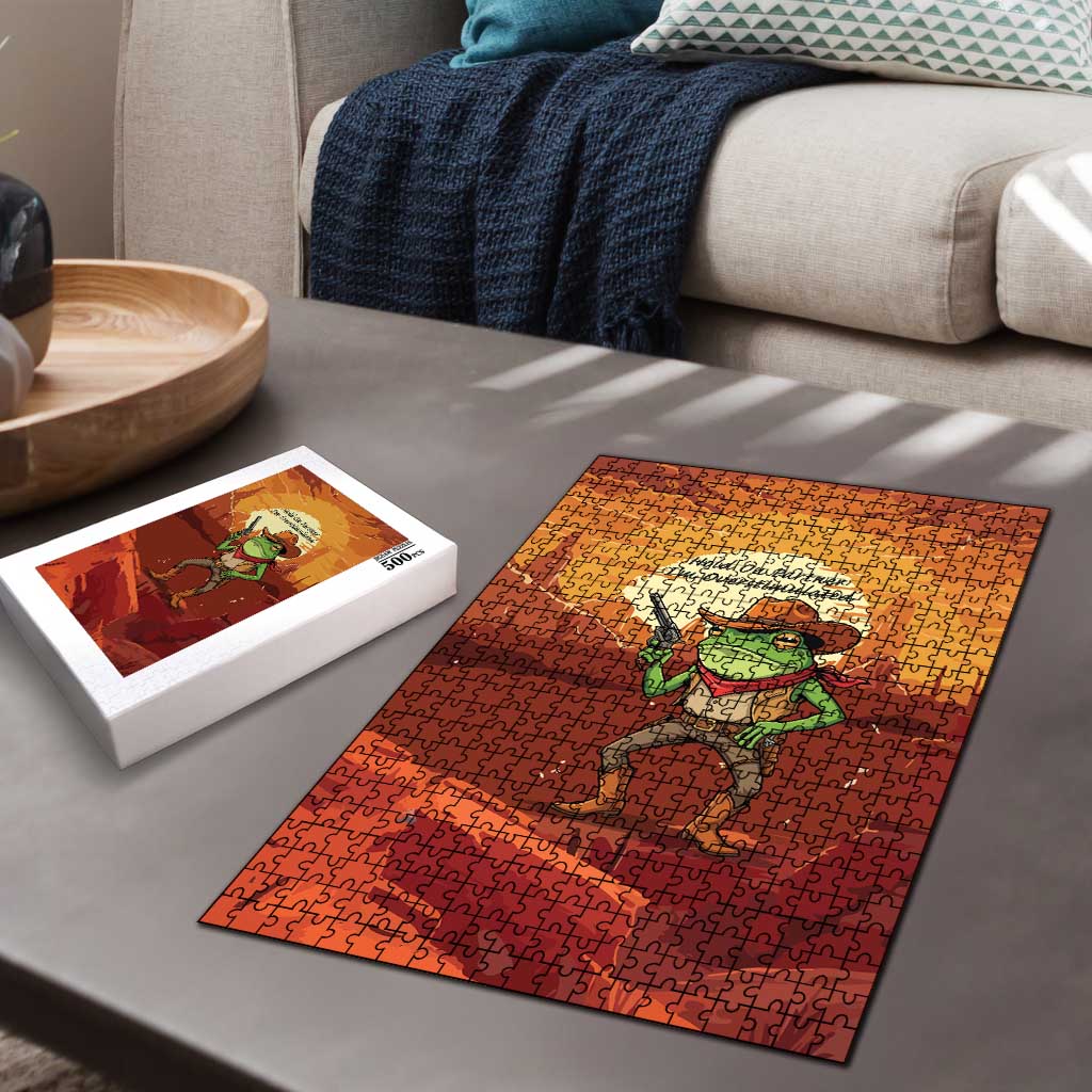 Cowboy Frog Outlaw Puzzle with Desert Sunset Silhouette Pattern