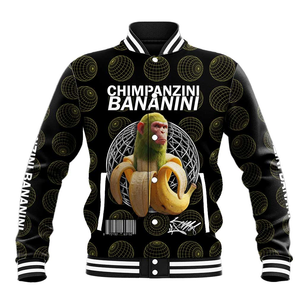 Chimpanzi Bananini Primate Baseball Jacket with 3D Wireframe Globe Pattern