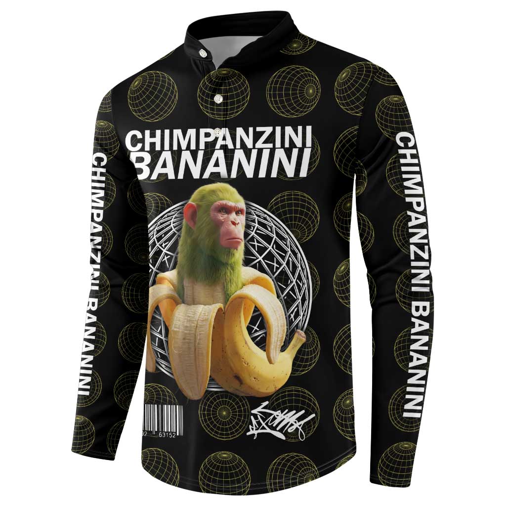 Chimpanzi Bananini Primate Button Sweatshirt with 3D Wireframe Globe Pattern
