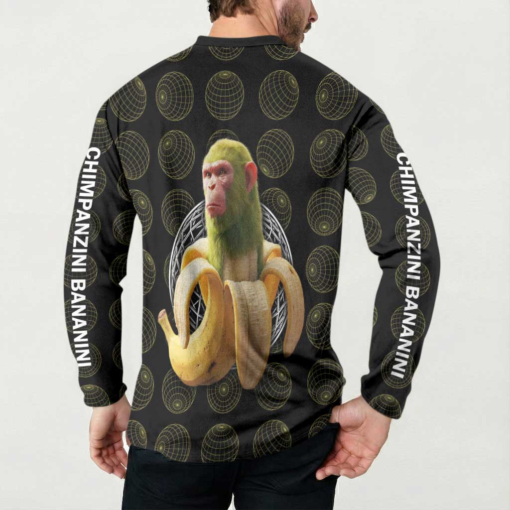 Chimpanzi Bananini Primate Button Sweatshirt with 3D Wireframe Globe Pattern