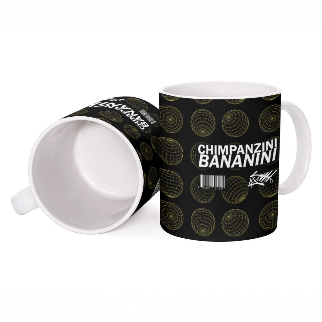 Chimpanzi Bananini Primate Ceramic Mug with 3D Wireframe Globe Pattern
