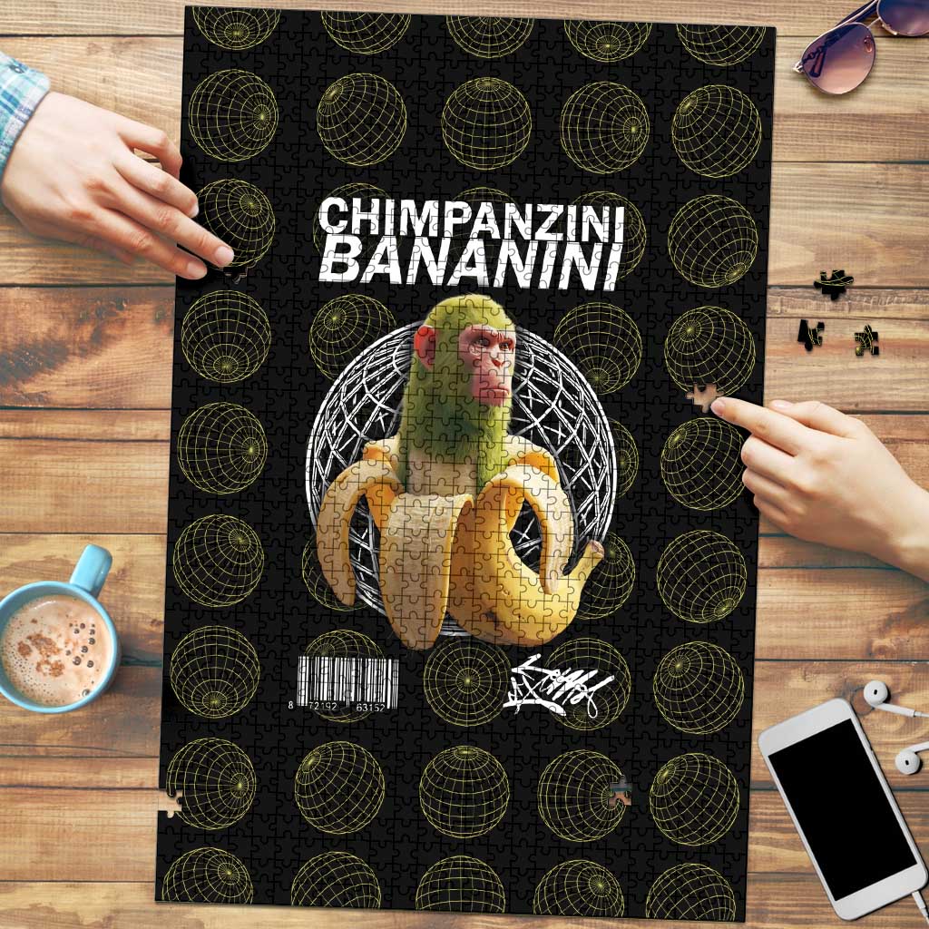 Chimpanzi Bananini Primate Puzzle with 3D Wireframe Globe Pattern