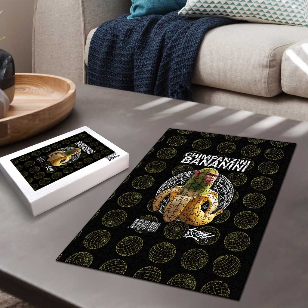 Chimpanzi Bananini Primate Puzzle with 3D Wireframe Globe Pattern