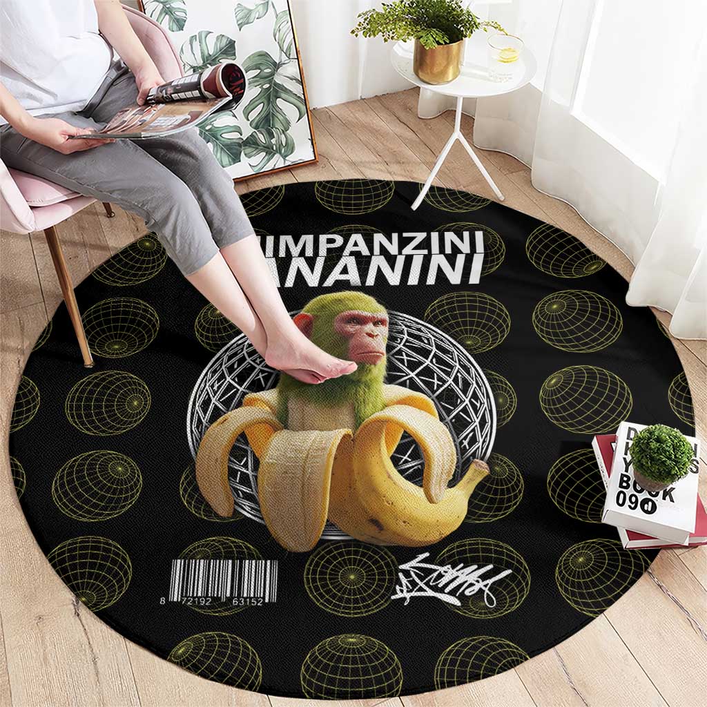 Chimpanzi Bananini Primate Round Carpet with 3D Wireframe Globe Pattern