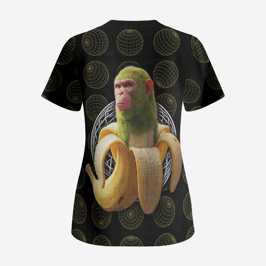 Chimpanzi Bananini Primate Scrub Top with 3D Wireframe Globe Pattern