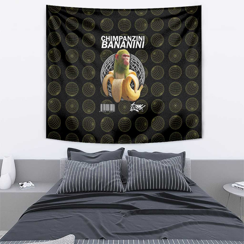 Chimpanzi Bananini Primate Tapestry with 3D Wireframe Globe Pattern