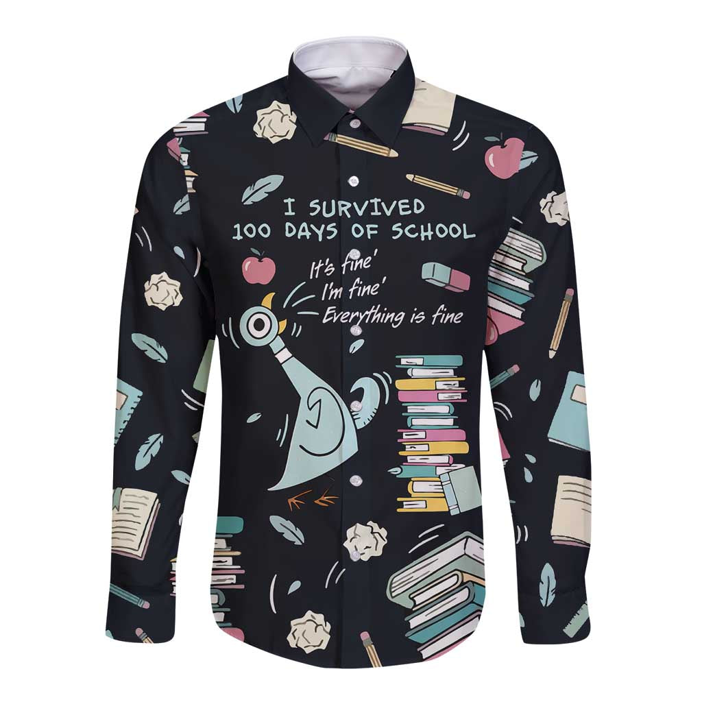 I Survived 100 Days of School Long Sleeve Button Shirt Funny Pigeon 100th Day Teacher