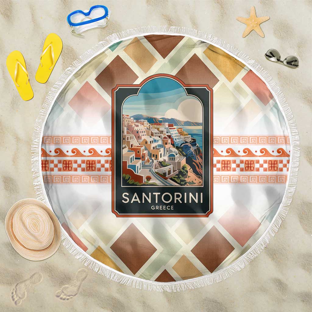 Round beach blanket with Santorini village print, diamond geometric pattern, white fringe