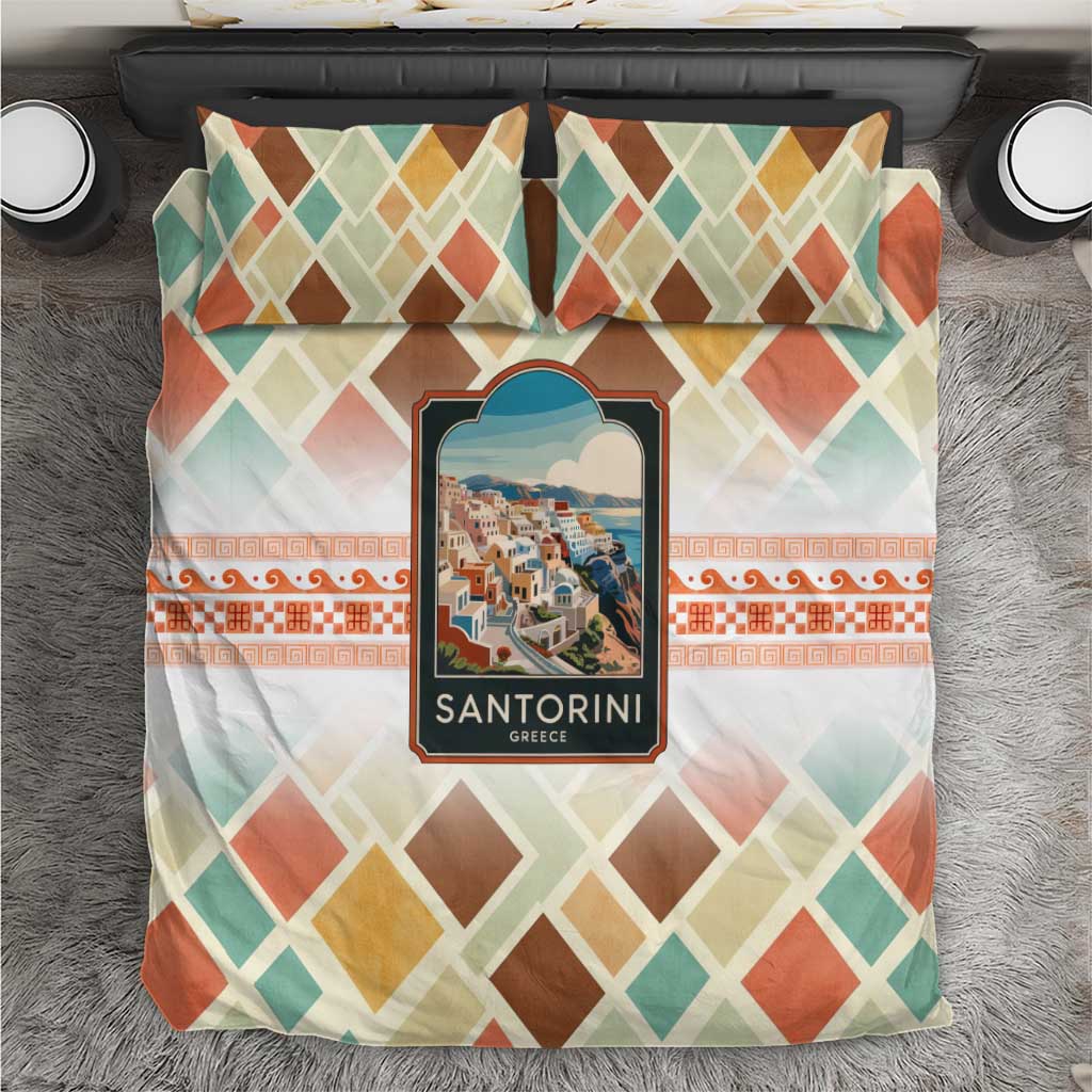 Bedding set with multicolor diamond pattern and central Santorini Greece graphic