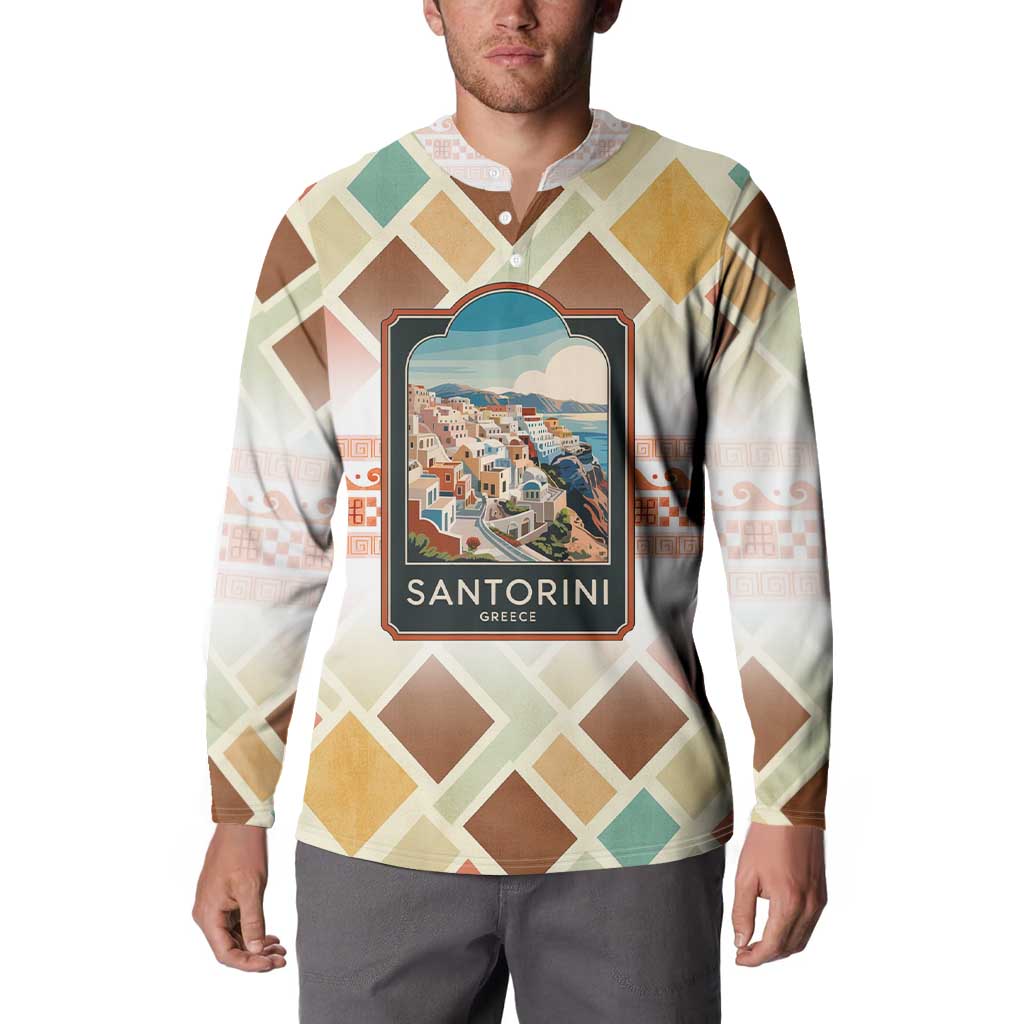 Santorini Greece Button Sweatshirt Sunset Village Print and Mediterranean Geometric Pattern