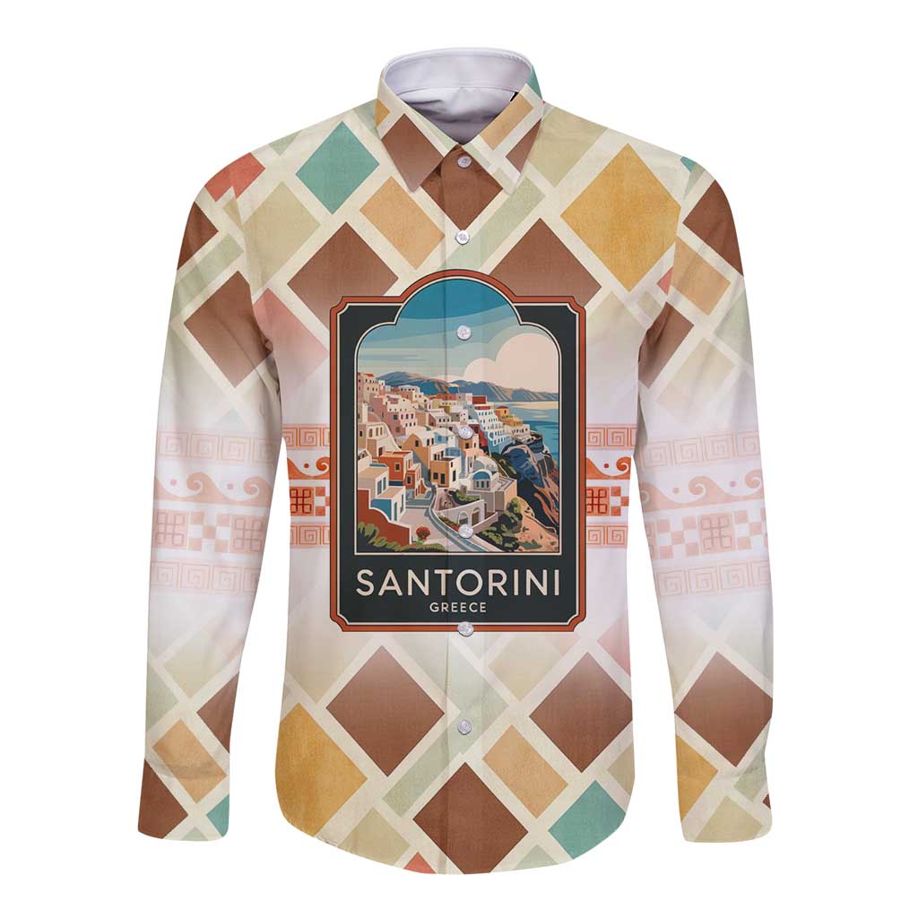 Long-sleeve button shirt with geometric pattern and Santorini village print