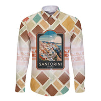 Long-sleeve button shirt with geometric pattern and Santorini village print
