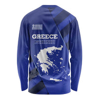 Unisex long-sleeve blue shirt with Greece graphic, flag, and country map print (back)