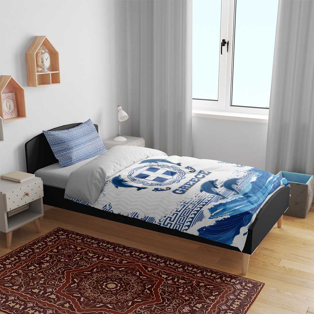 Greece Dolphin Bedding Set with Greek Key Pattern and Ocean Wave Design