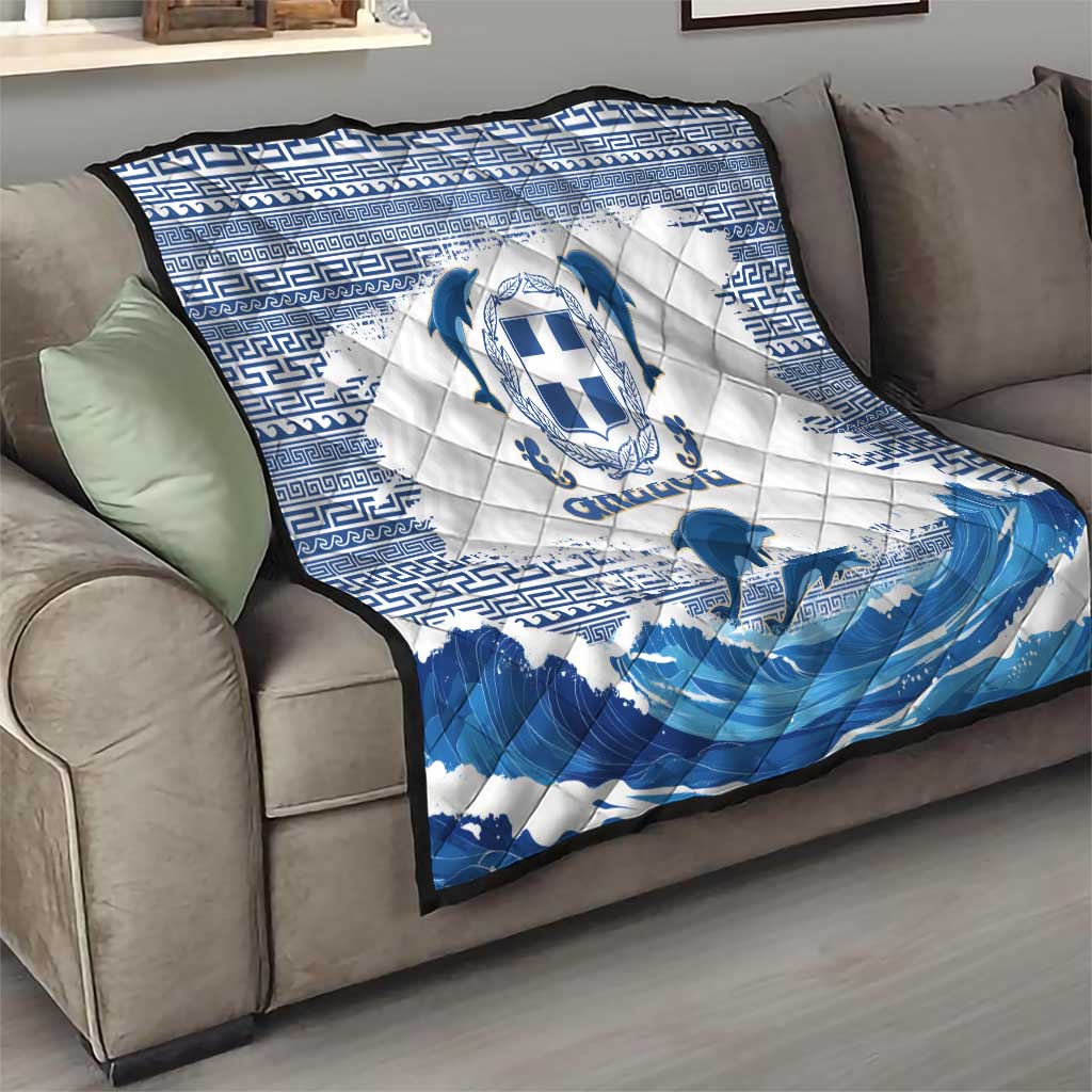 Greece Dolphin Quilt with Greek Key Pattern and Ocean Wave Design