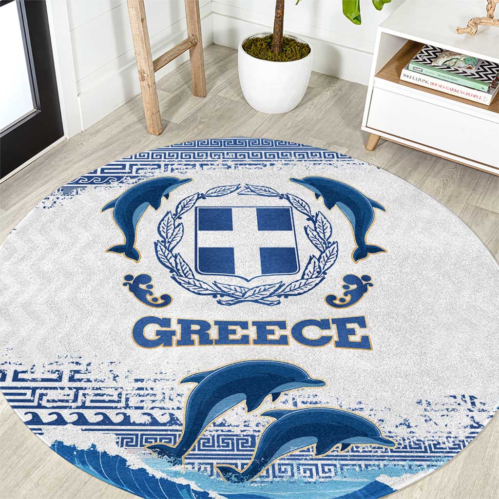 Greece Dolphin Round Carpet with Greek Key Pattern and Ocean Wave Design