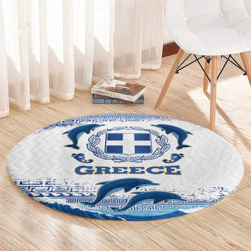 Greece Dolphin Round Carpet with Greek Key Pattern and Ocean Wave Design